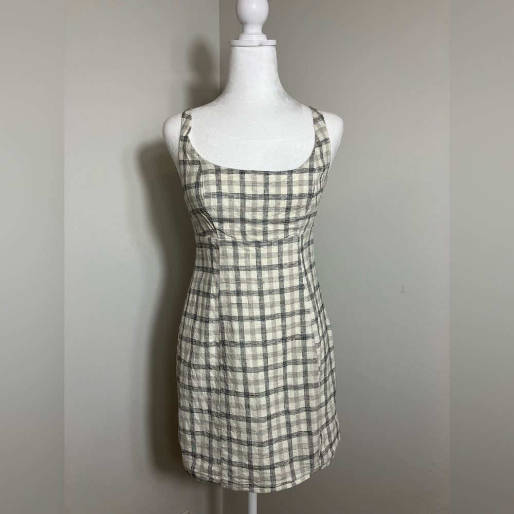 Urban Outfitter Mini Plaid‎ Dress Sz Small Tan Linen/viscose Blend Preppy Summer